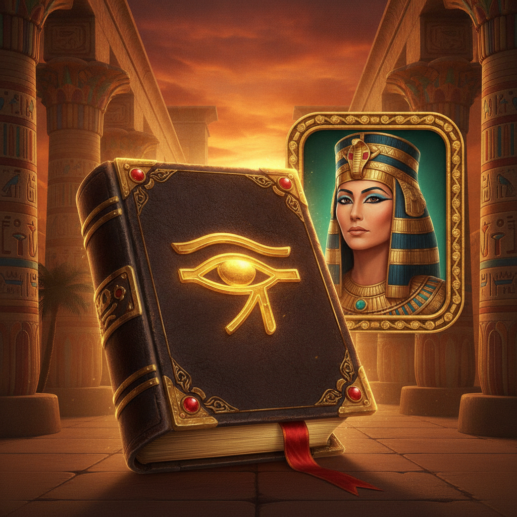 Book of Cleopatra slot met gouden mystiek boek, Cleopatra portret en Egyptische tempelpilaren met hiërogliefen tegen terracotta zonsondergang