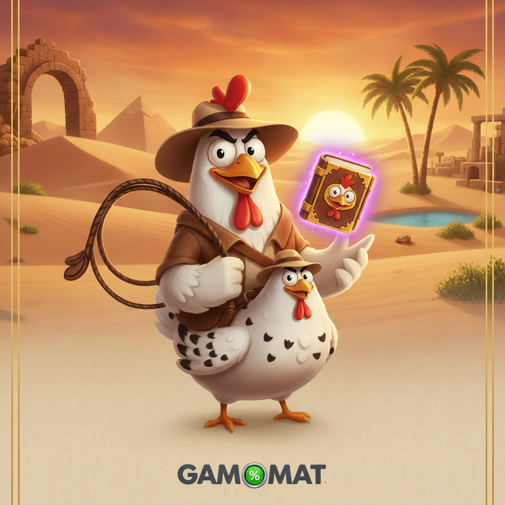 Book of Crazy Chicken slot: Cartoon kip in ontdekkersoutfit met hoed en zweep voor Egyptisch woestijnlandschap met piramides, palmbomen en zonsondergang, boeksymbool met wilde en scatter functie