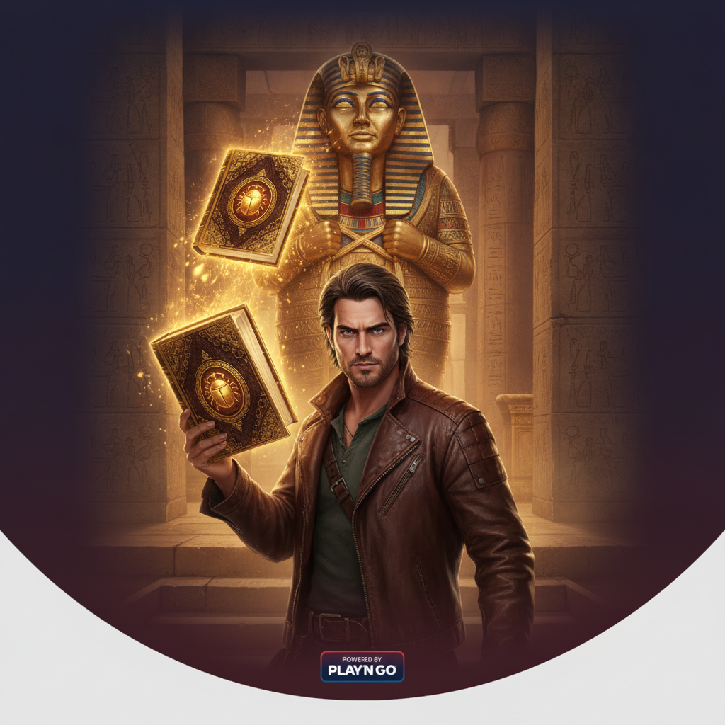 Rich Wilde and the Book of Dead videoslot met Egyptische tempel, gouden sarcofaag, hiëroglieven, verkenner Rich Wilde en mystieke Book of Dead scatter symbool