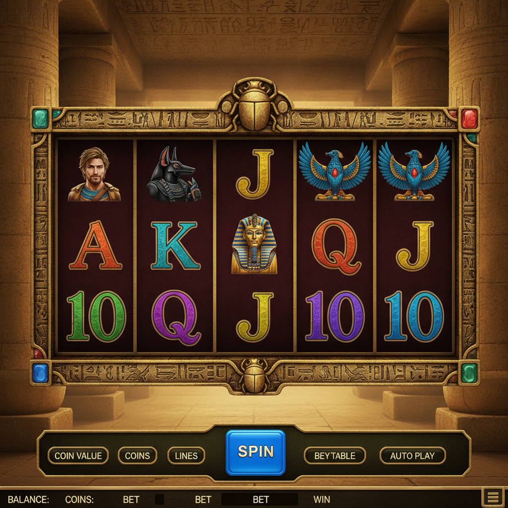 Rich Wilde and the Book of Dead slot met 5 rollen in Egyptische tempelomgeving, gouden frame met hiërogliefen en symbolen van Anubis, Horus en farao