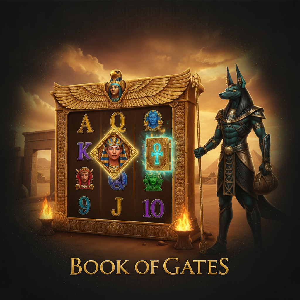 Book of Gates slot met Anubis god, gouden Egyptische poorten, piramides, Wild symbool met farao en magisch boek scatter symbool in woestijnlandschap
