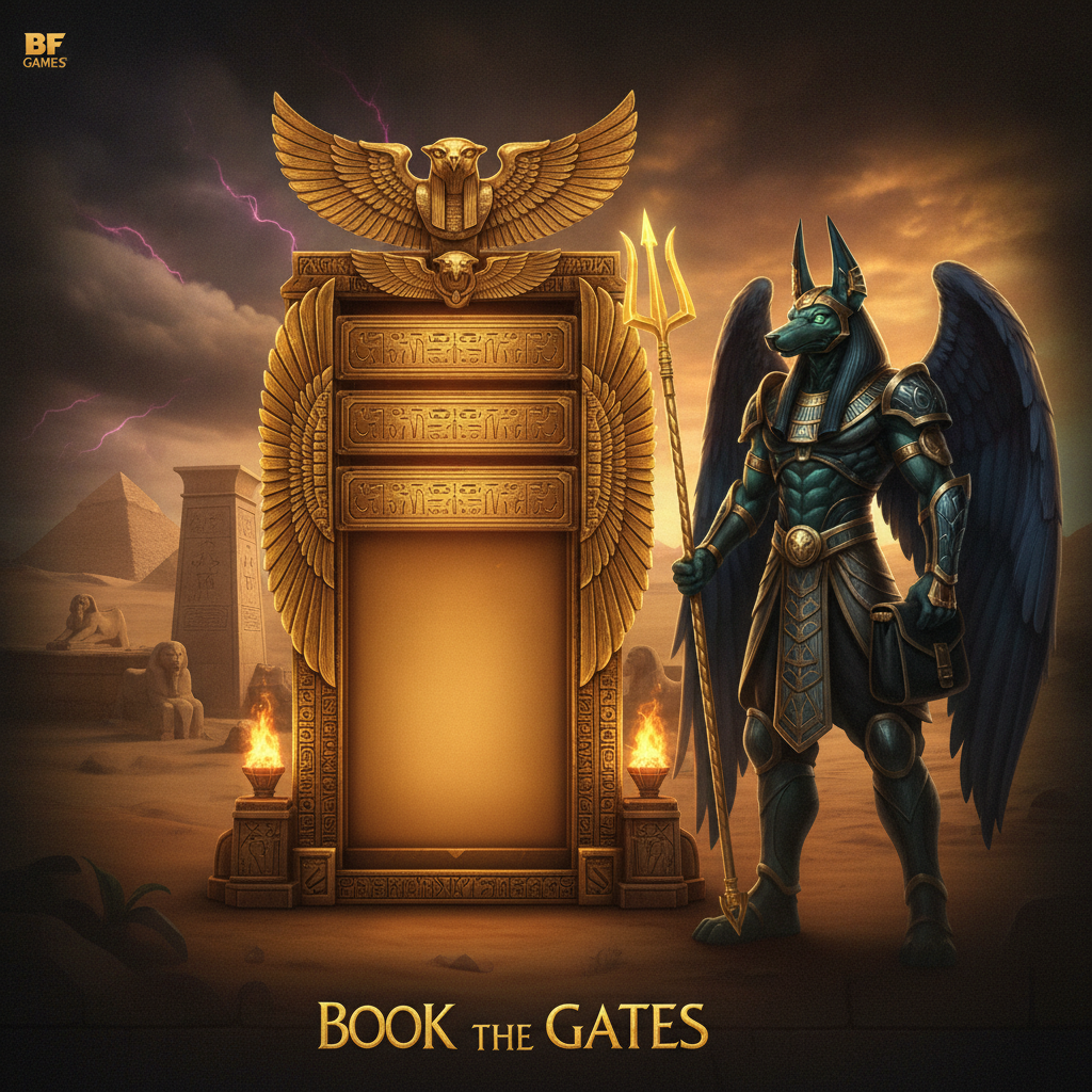 Book of Gates slot met Anubis god, gouden gevleugelde frame en Egyptische piramides op woestijn achtergrond