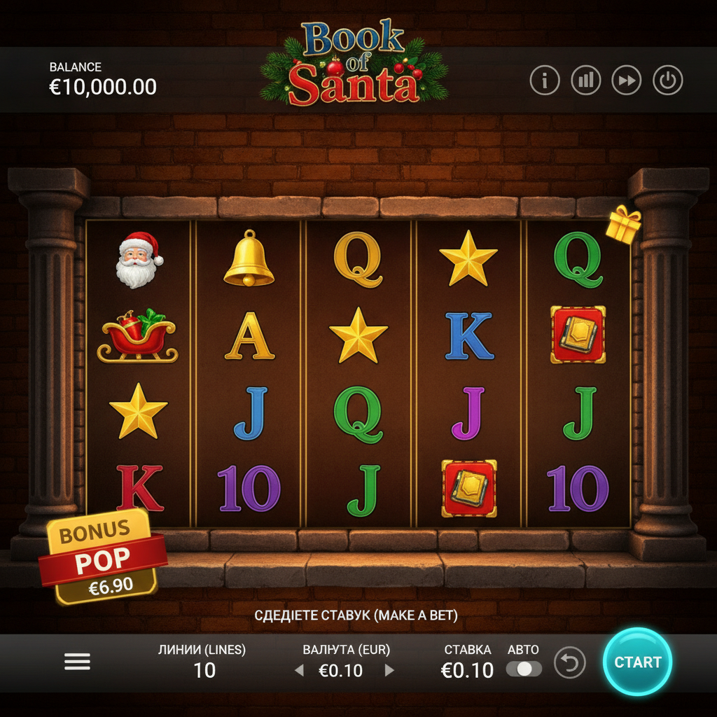 Book of Santa slot 5 rollen 3 rijen met kerstman symbool gouden bel ster slee en boek scatter wild Endorphina