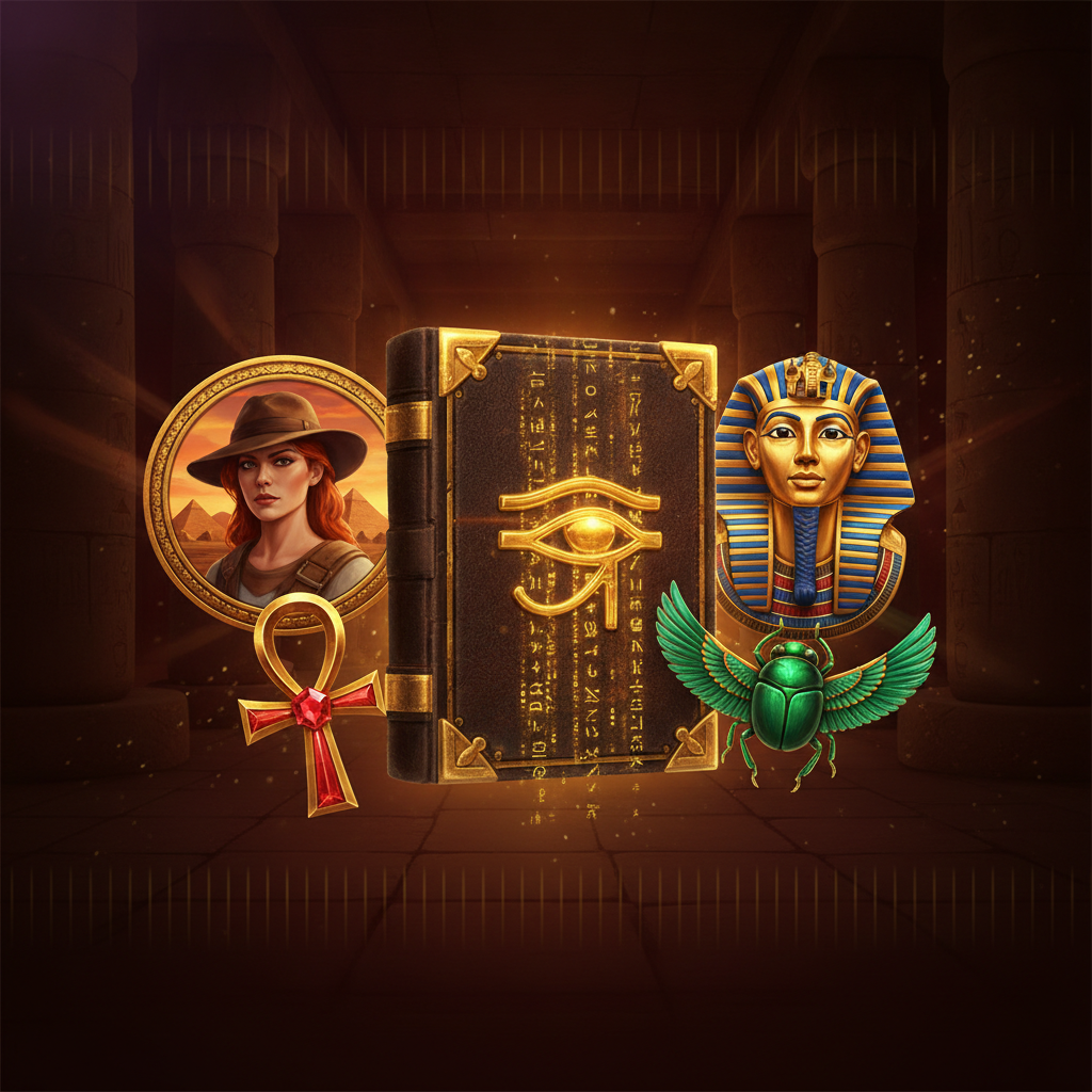 Book of Secrets slot game met gouden boek met Eye of Horus, Egyptische scarabee, farao masker en explorer in woestijn met piramides