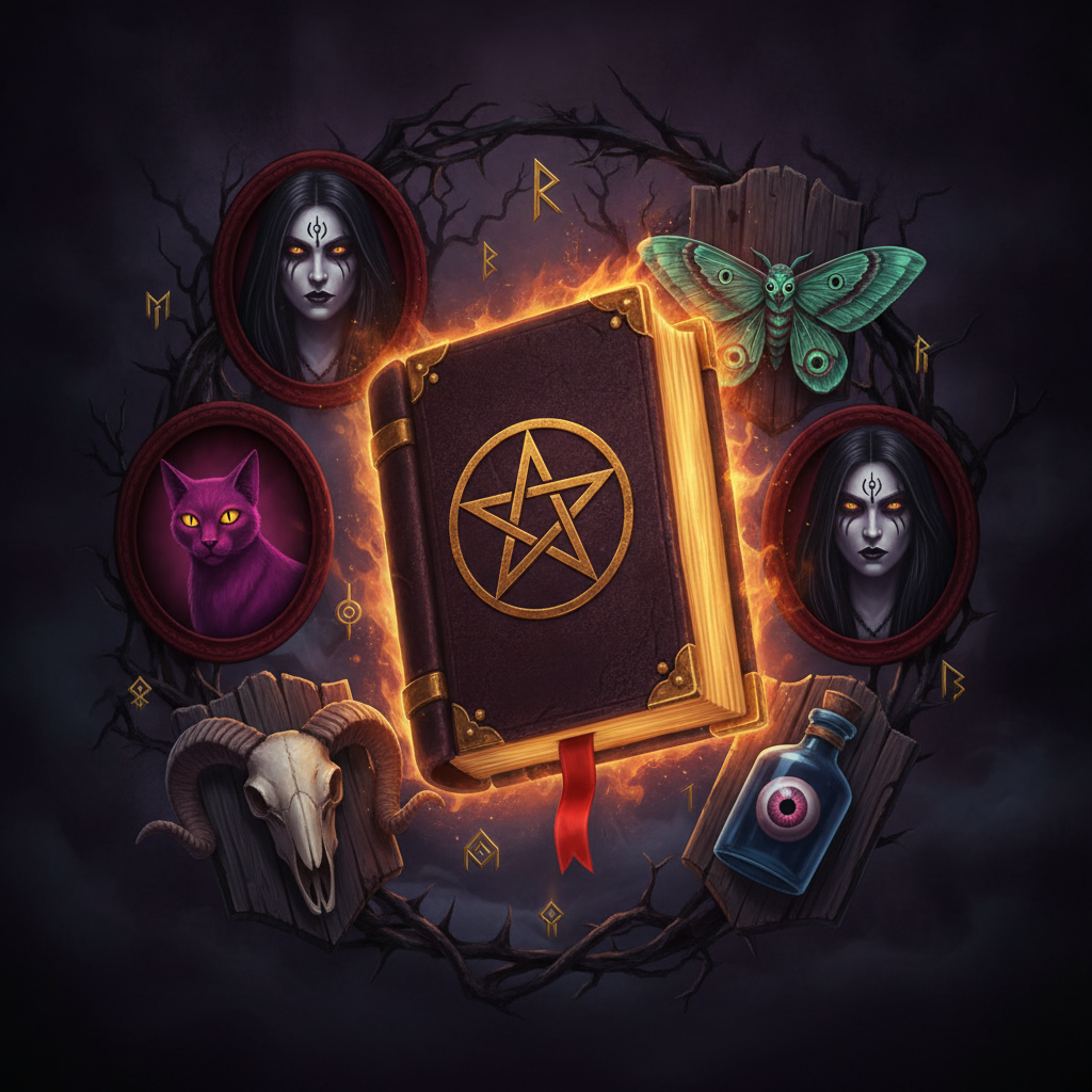 Book of Shadows slot met gouden pentagram boek, paarse kat, schedel met hoorns en gotische symbolen op donkere horror achtergrond