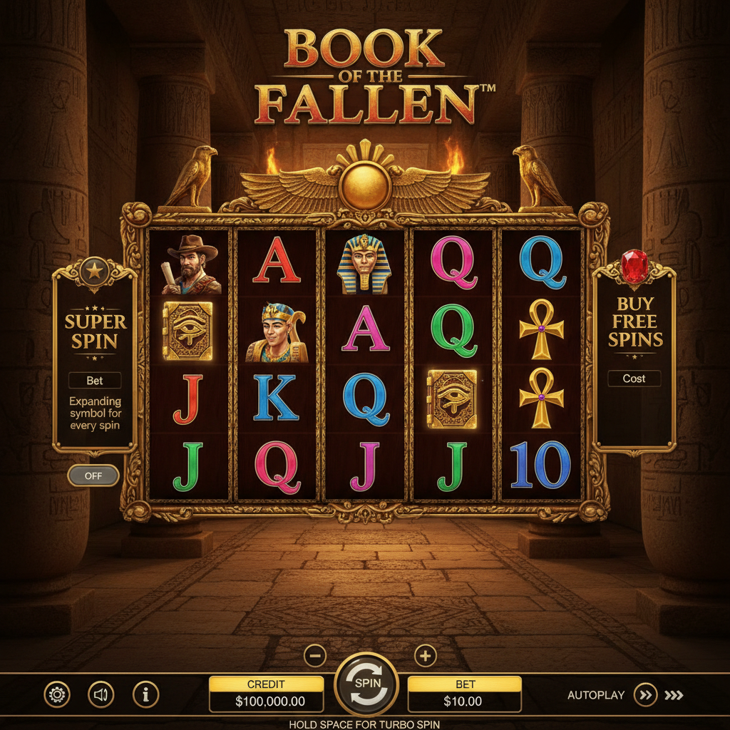 Book of the Fallen slot met Egyptische tempel, gouden sierranden, avonturier met cowboyhoed en oude boekscatter symbool op 5 reels en 3 rijen