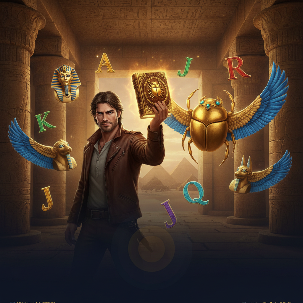 Rich Wilde and the Book of Dead gokkast met oude Egyptische tempel, gouden scarabee boek, avonturier Rich Wilde en piramide symbolen